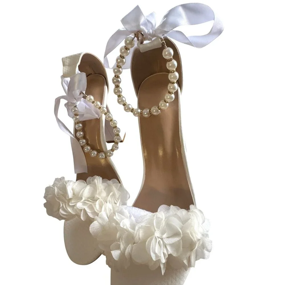 Bride Wedding‎ Block Heel Sandals With Pearl & Ribbon Details Size EU 41 NWB